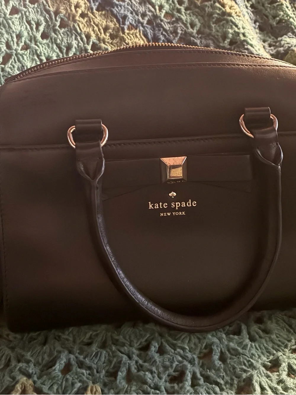 kate spade black leather satchel with bow and gold hardware